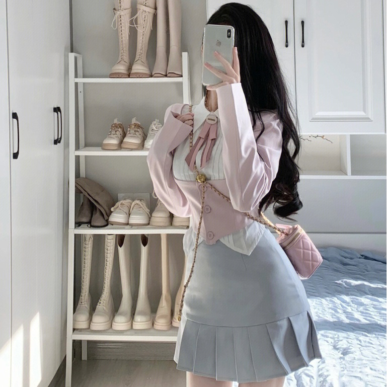 Set áo sơmi croptop kiểu dài tay layer vest hồng đáng yêu + chân váy ngắn thời trang nữ sinh Hàn Quốc
