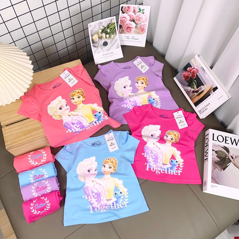 Bộ cotton in hình Elsa & Anna cho bé gái dáng quần legging lửng , tay phối bèo cánh tiên siêu yêu sz 10-22kg