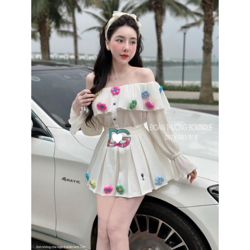 SET ÁO TRẮNG BẸT VAI ĐÍNH HOA + CHÂN VÁY