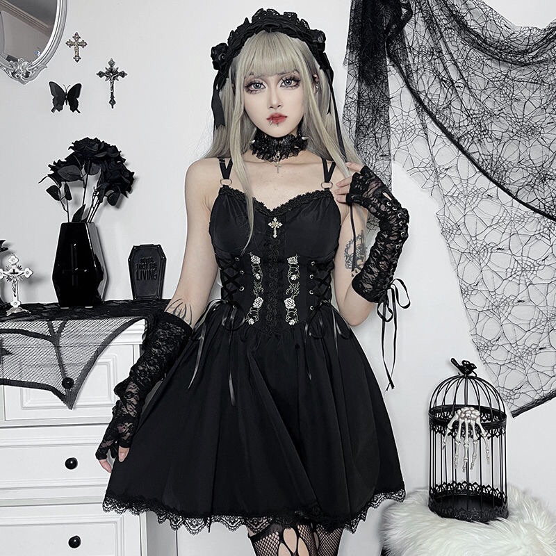 Váy hai dây dáng đầm ngắn xoè thêu hoa hồng thắt giả corset phong cách Gothic Dark FOOTMADE