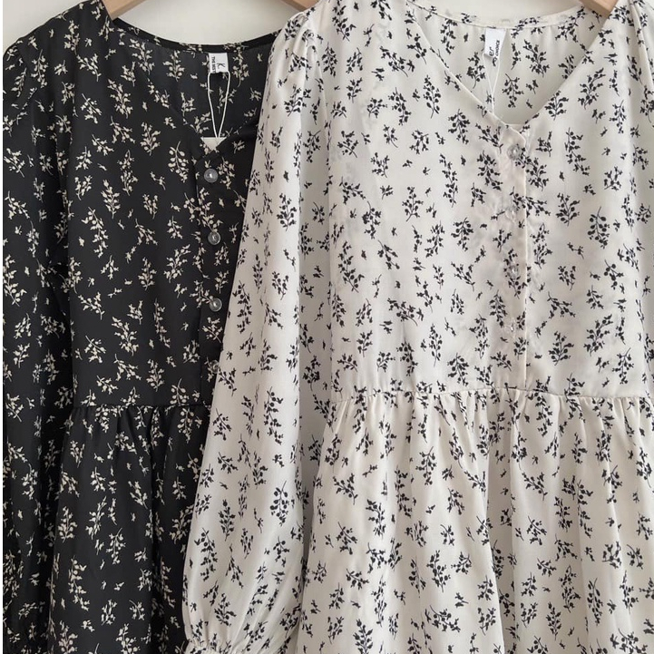 Đầm/Váy babydoll dáng dài hoa cỏ màu be Vintage style - Momiji Store