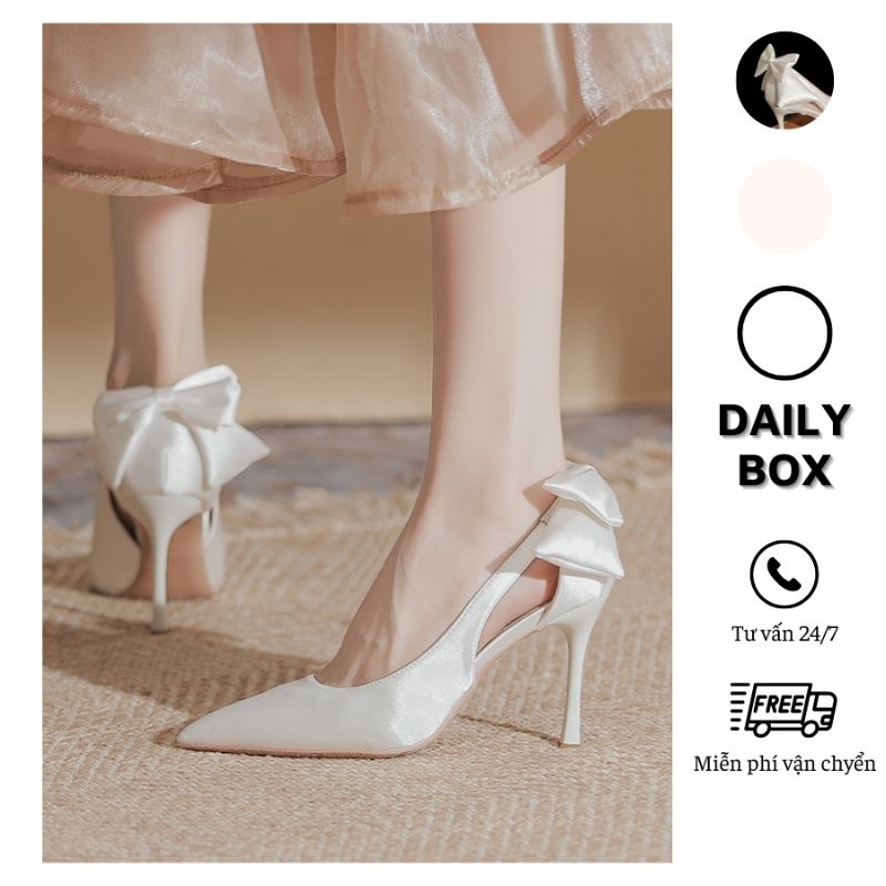Giày Búp Bê Cao Gót 6 cm Tiểu Thư Mũi Nhọn Bọc Vải Lụa Đính Nơ Sau Xinh Xắn