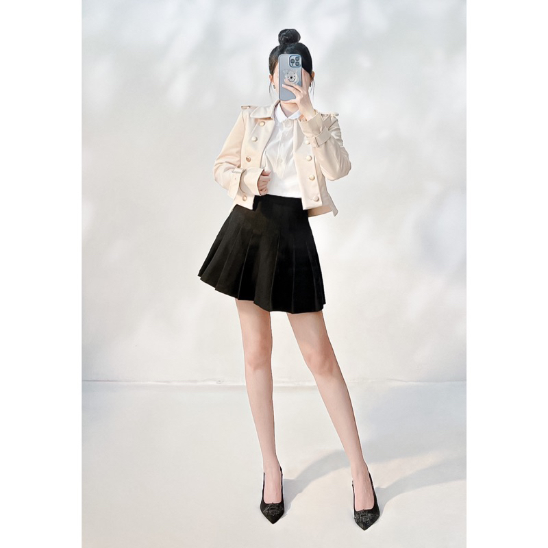Trench coat croptop nút kim loại