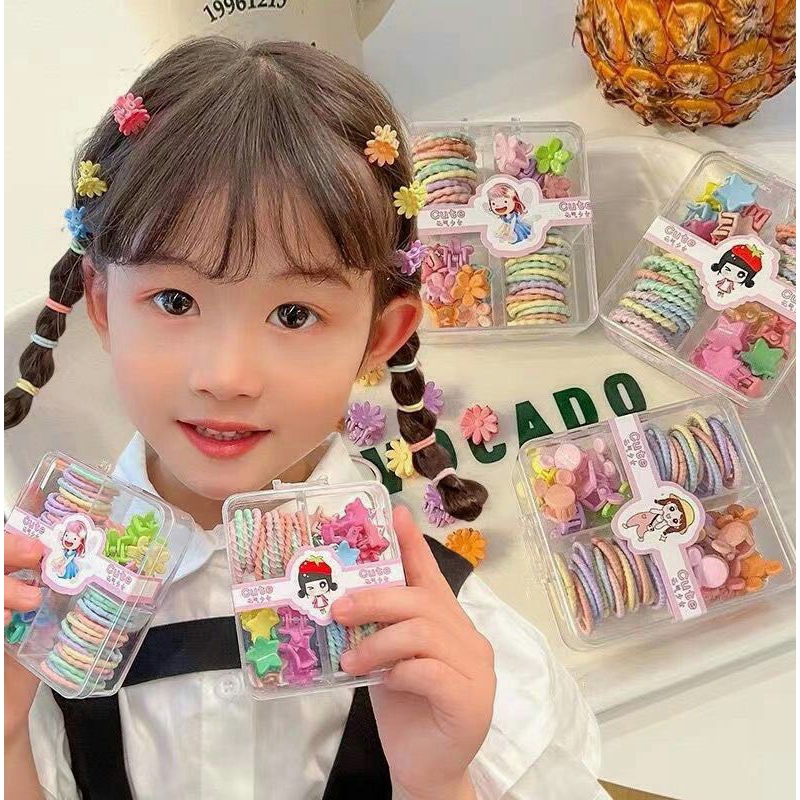 Hộp Dây Buộc Tóc Mix Kẹp Tóc Càng Cua Nhiều Màu Cho Bé Hộp Vuông 4 Ngăn