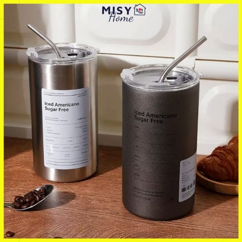 Cốc ly giữ nhiệt Iced Americano inox 304 có ống hút 6-8h 600ml/300ml mini uống nước cà phê cafe capuchino trà cao cấp