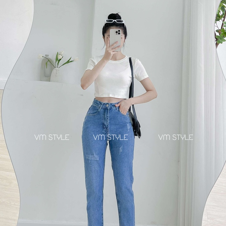 Quần jean nữ VMSTYLE baggy lưng cao tạo xước dáng suông form đẹp - QJB00009