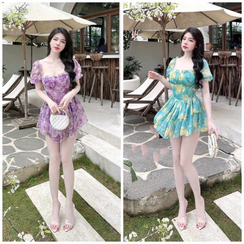 Váy voan hoa cúp ngực bèo tầng tôn dáng ( hình thật tự chụp trải sàn )