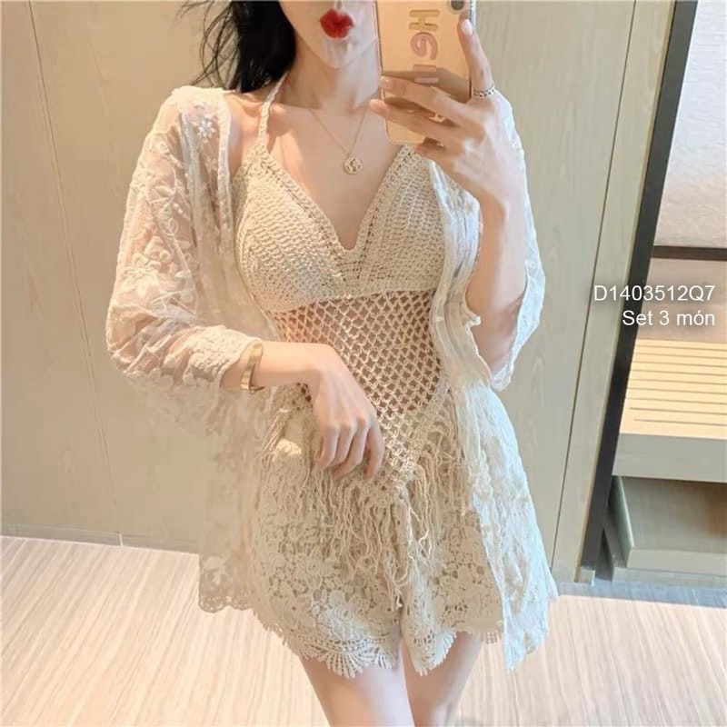 Set đi biển 3_áo khoác + áo bra dây tua rua + quần short ren 0323 [thaotranshop90]