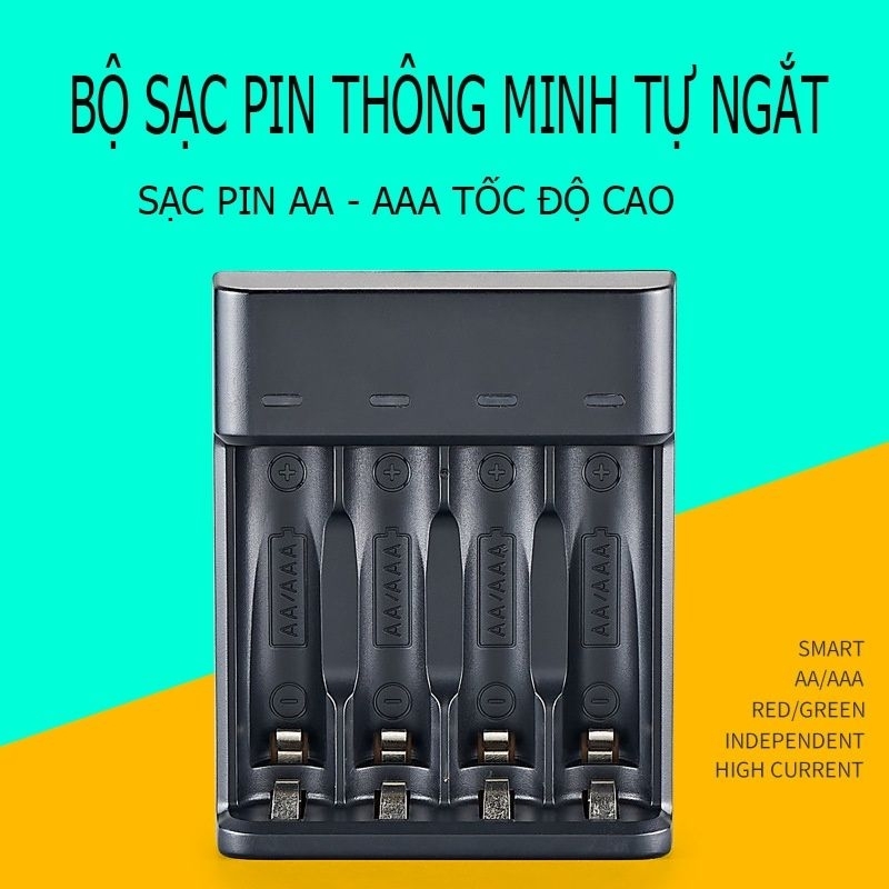 Bộ sạc pin tiểu AA/AAA tự ngắt thông minh Bmax BH-904U Smart, sạc pin NimH 4 cổng đa năng