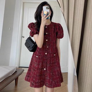 [Sẵn S] Váy dạ tweed cho nữ ngắn tay khuy ngọc dáng xoè