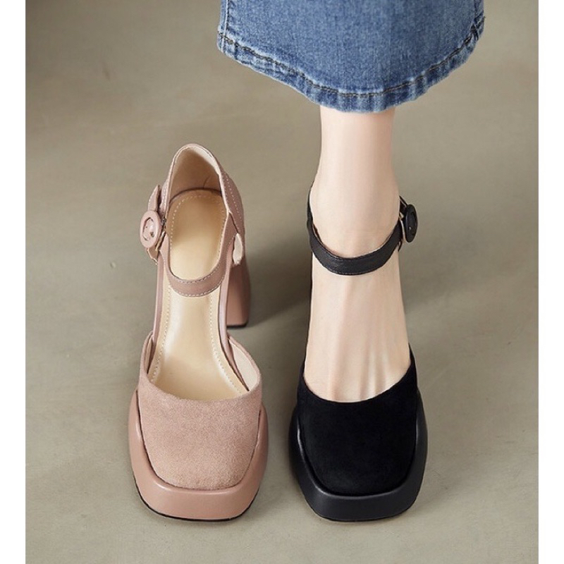 ORDER 🍂 Giày gót trụ mũi tròn da trơn da lộn phối viền 34-39 9cm