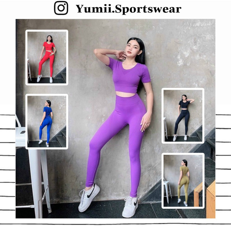 Bộ Quần Áo Thể Thao Tập Gym Yoga Nữ - Set Quần Áo Thể Thao Dài Chun Mông Áo Croptop, Chất Thun Dệt Mềm, Co Dãn