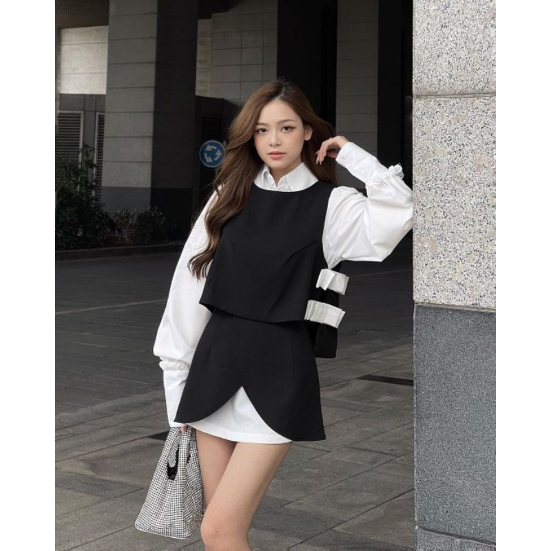 Set áo sơ mi + gile mix chân váy chữ A, Set 3 món sơ mi tay bồng kèm gile mix chân váy xoè