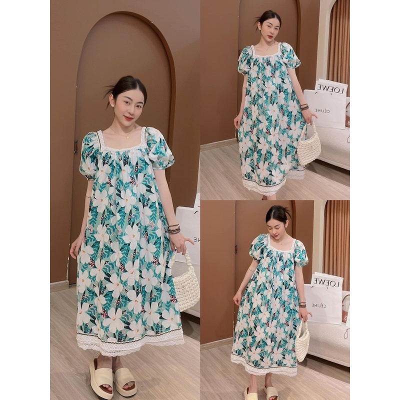 Váy thô dáng xuông viền ren,váy hoa xanh maxi cổ vuông tay bồng