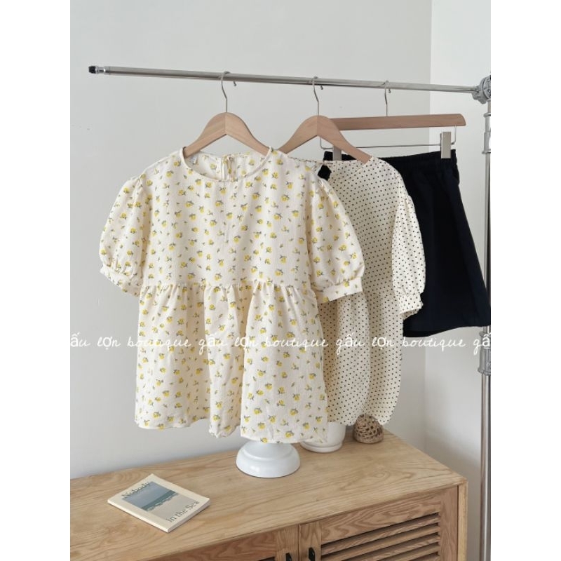 áo babydoll hoa nhí chấm bi nơ lưng vintage tiểu thư