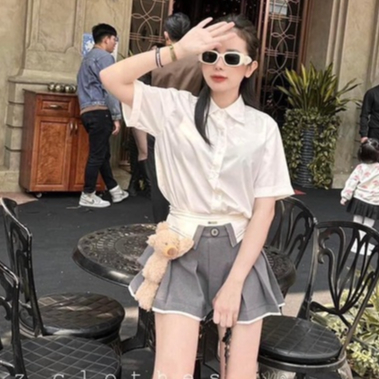 Set Áo sơ mi cộc tay mix chân váy Chà Neo xếp ly cách điệu kèm gấu cài rời