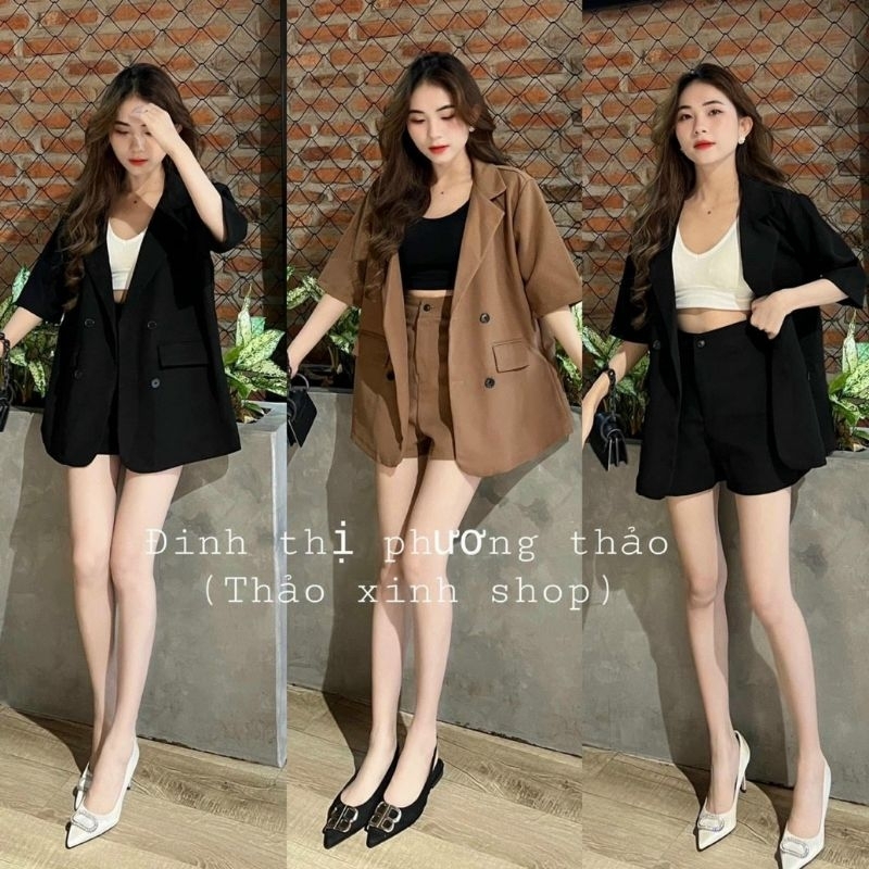 Set Blazer Phối Nút Kèm Short Có Bra