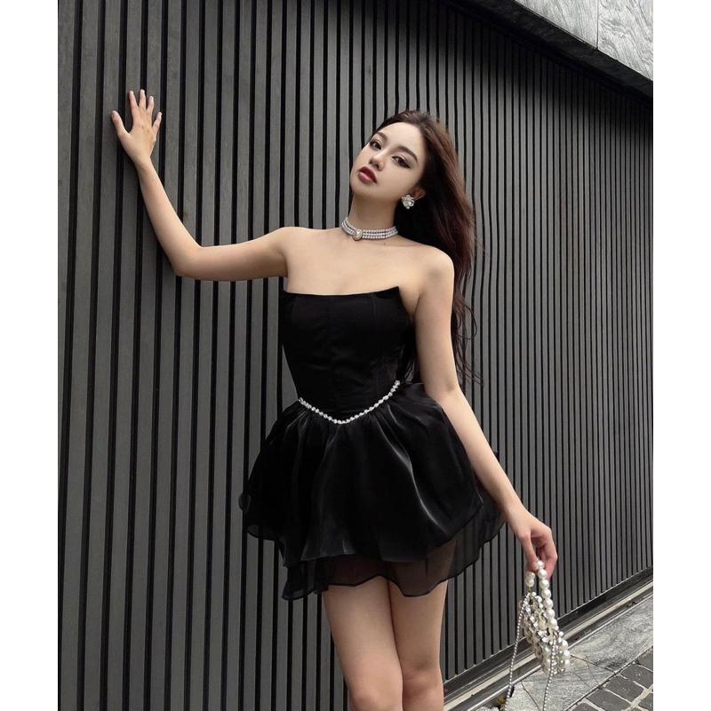Đầm mini ống đen cúp ngực viền cườm eo corset tùng xoè voan organza