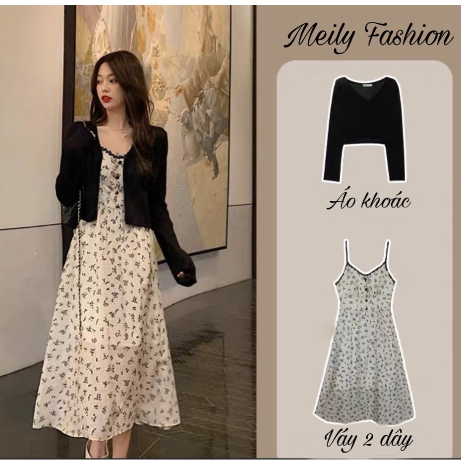 Set Váy Hoa Nhí Đen Dáng Maxi Mix Áo Cardigan Đen