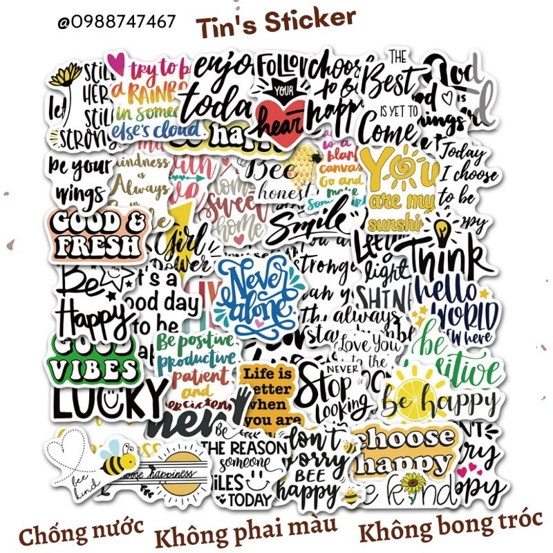 Set combo 50 miếng dán sticker câu quotes Tiếng Anh hay dán nón mũ bảo hiểm laptop vali sổ tay đàn guitar điện thoại