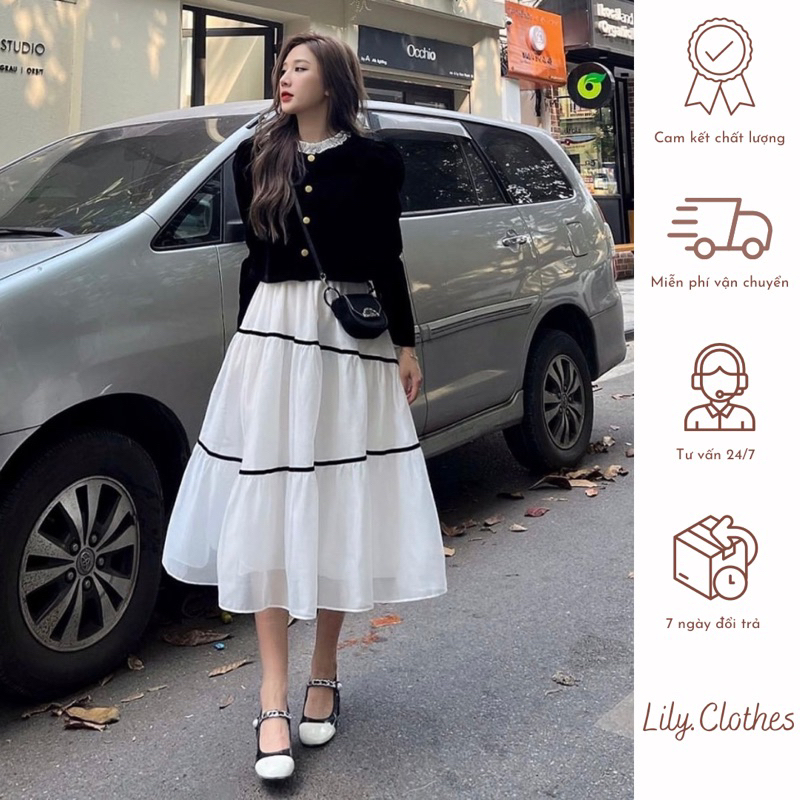 Set áo nhung cổ bèo mix chân váy voan tơ xoè tiểu thư
