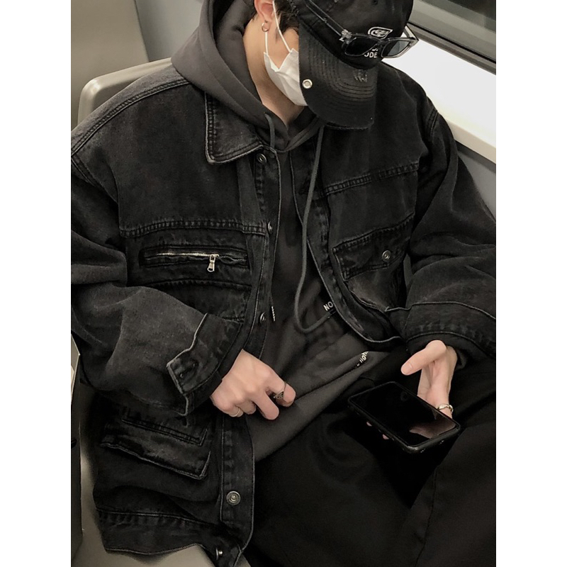 Áo Khoác Jeans Nam Nữ From Rộng Chất Vải Dầy Dặn Màu Đen Phối Xám, Thời Trang Unisex Phong Cách Trẻ Trung Năng Động