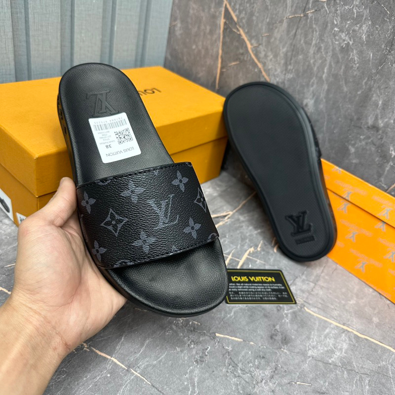 Dép lê nam LV quai da 3 bản màu truyền thống