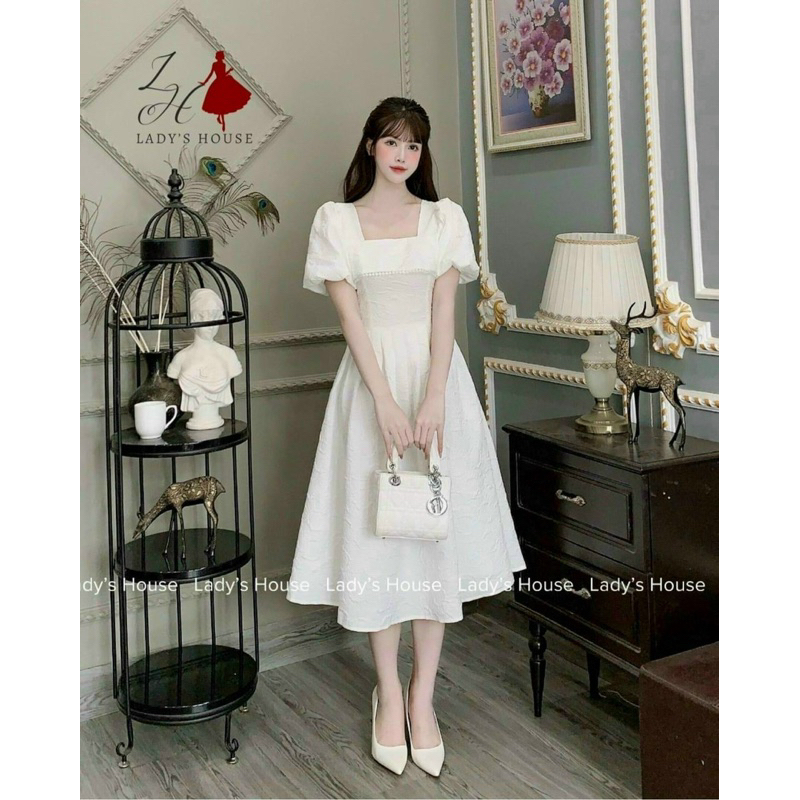 Đầm váy thời trang nữ mặc đi chơi chất gấm hoa văn cổ vuông có mút ngực ren tay ngắn trắng và cam