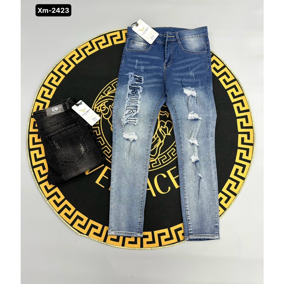 Quần jean nam xanh thêu chữ nổi chất vải bò dày co giãn mẫu mới nhất SHOP