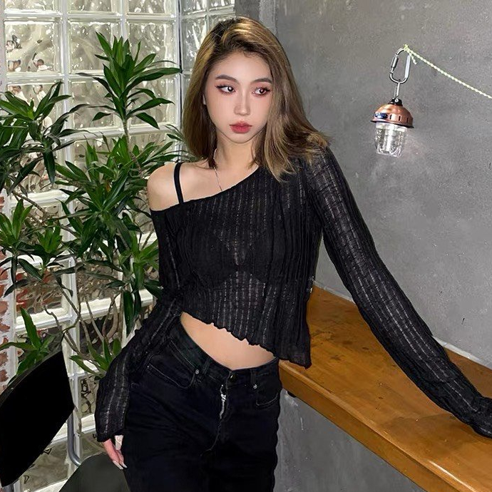 Áo thun croptop vạt xéo tay dài lệch vai ôm body phong cách hàn, cá tính 636 FIORI STORE