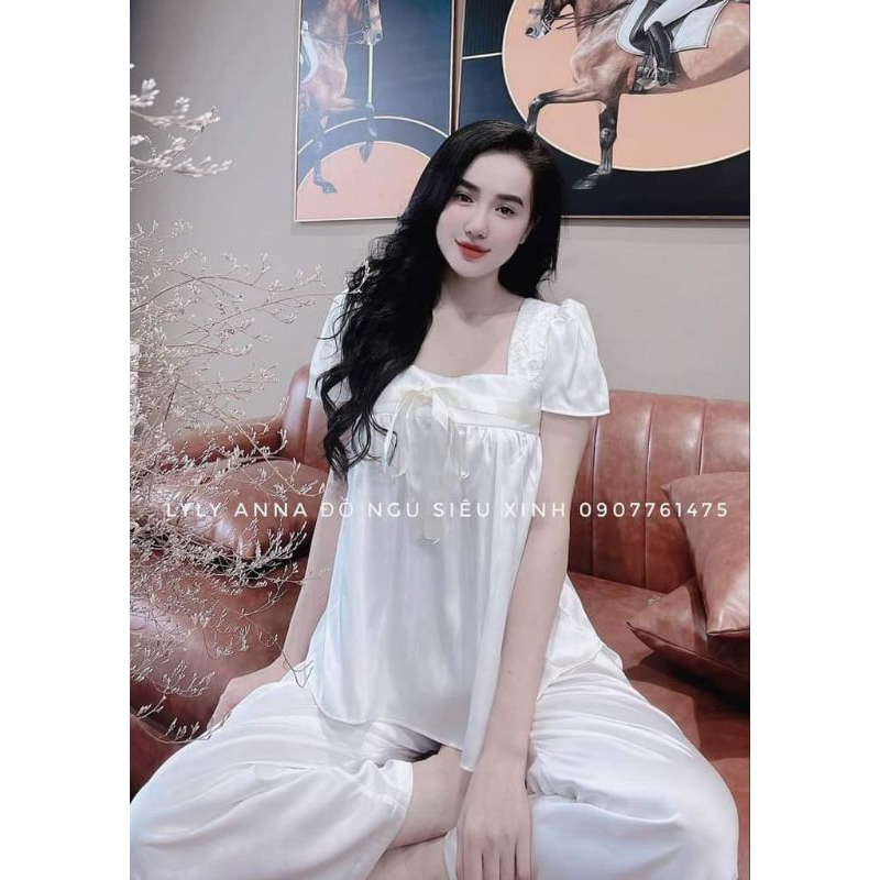 Pijama hàng thiết kế họa tiết ren tiểu thư vải lụa xước Tô Châu cao cấp.Ảnh shop chụp thật ở cuối trang nha khách