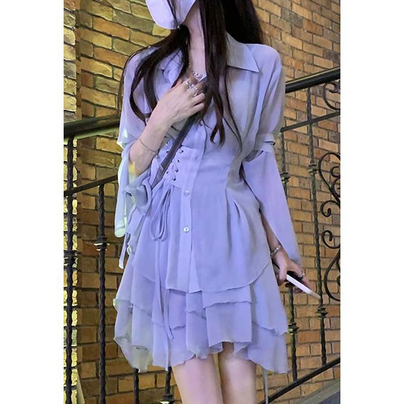 Order Đầm cổ sơ mi thắt eo tay lỡ tím