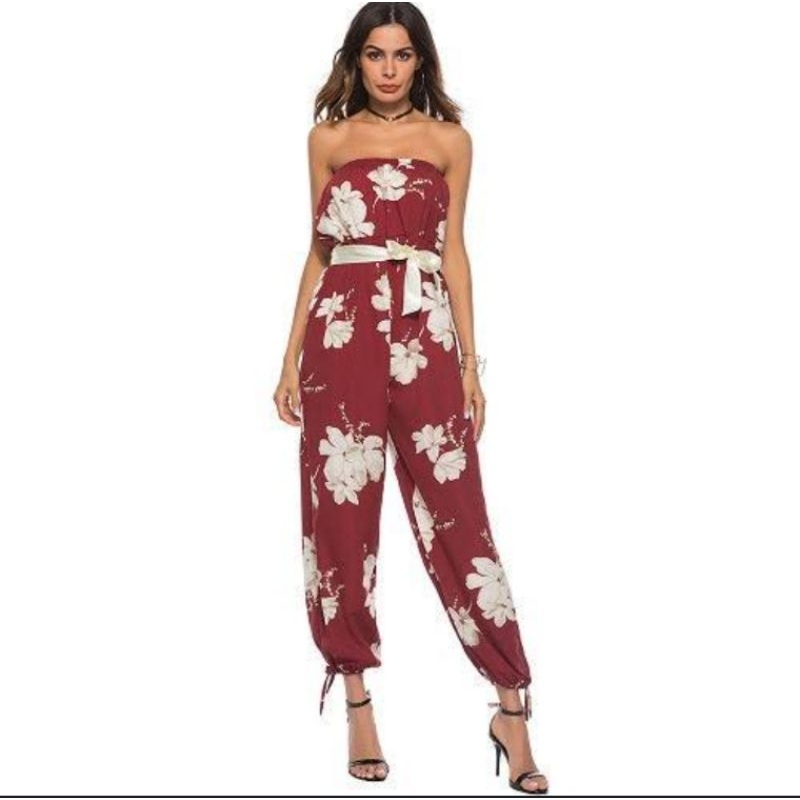 Jumpsuit hoa cúp ngực dáng dài hàng lên chuyền vn thiết kế jum hè chất tole lanh mát ống rộng