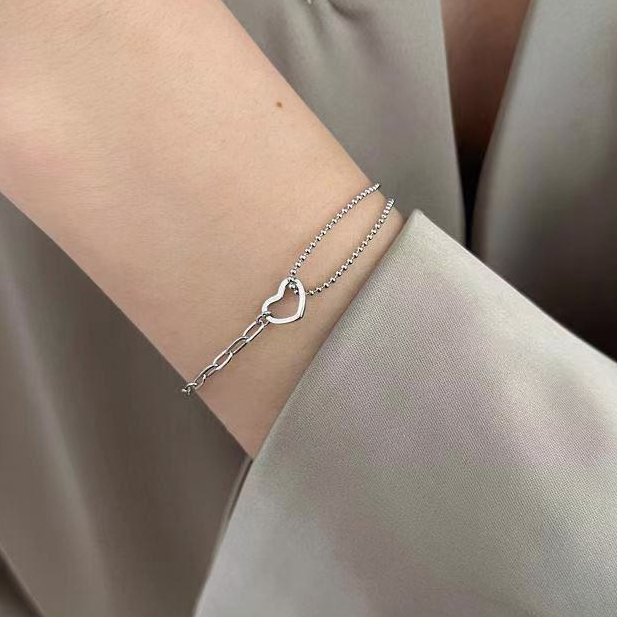 【coffeemate】⚡ Vòng tay bạc sterling 925 mặt hình trái tim ghép dây xích và dây chuỗi thiết kế nhỏ đơn giản thời trang cá tính cho nữ