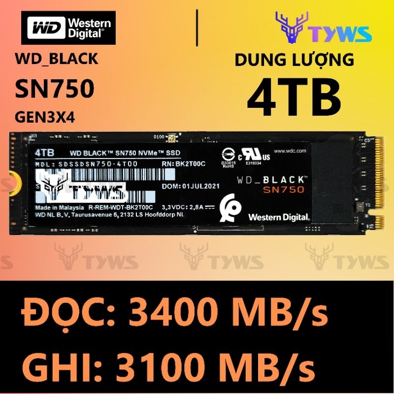 Ổ Cứng SSD M.2 NVMe 4TB WD Black SN750 Western Digital Gen 3×4 - Bảo hành 1 đổi 1 SN7504TB