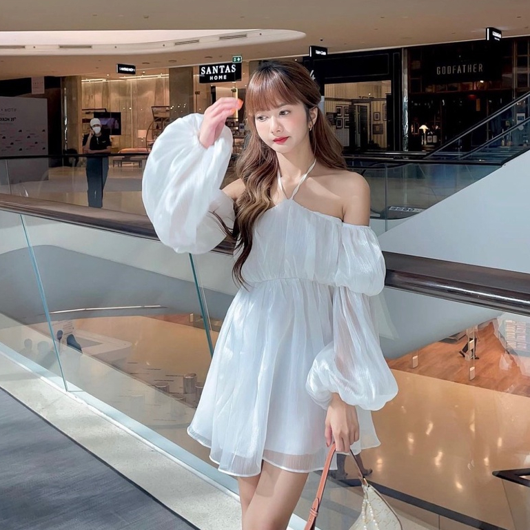 Đầm trễ vai cúp ngực cổ yếm tay dài voan tơ cao cấp phong cách bánh bèo tiểu thư Nu House kèm ảnh thật shop chụp