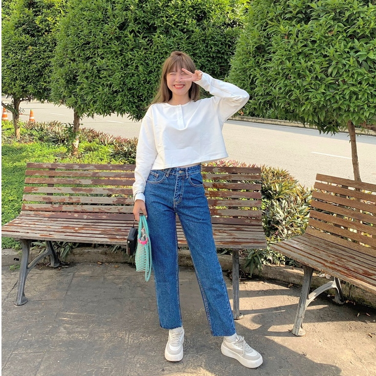 Quần Jeans Nữ Ống Đứng Lưng Cao Màu Xanh Đậm Cắt Gấu Quần LDB-CL103