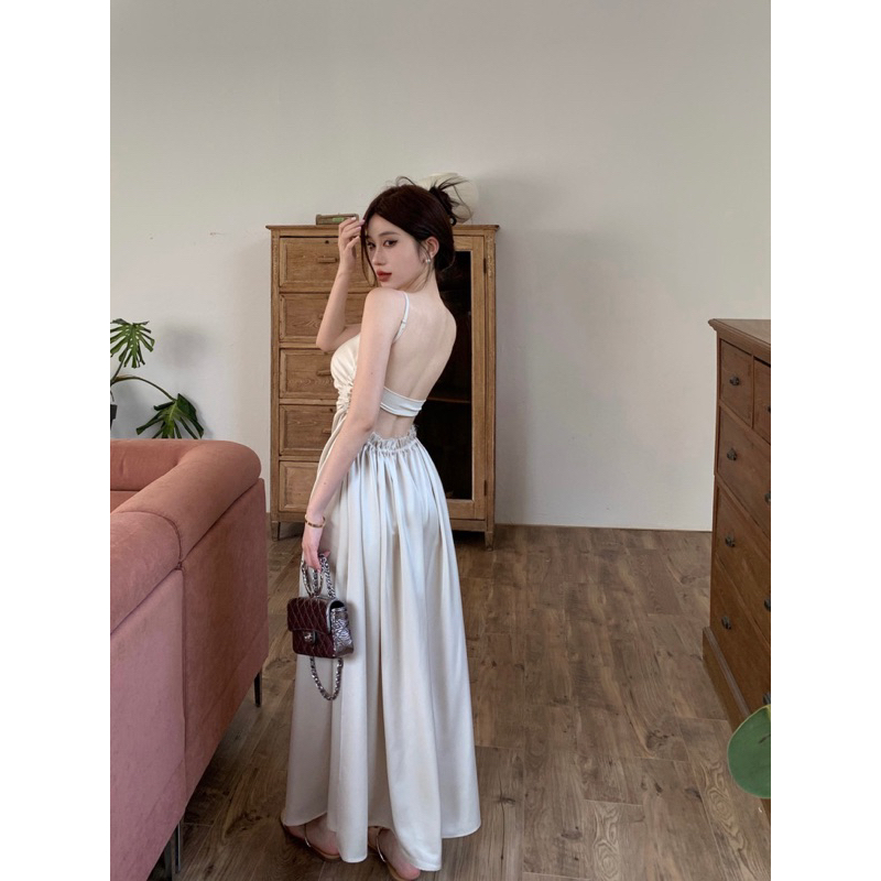 ( ORDER ) Đầm Lụa 2 Dây Dáng Dài Xoè Nhún Eo Hở Lưng