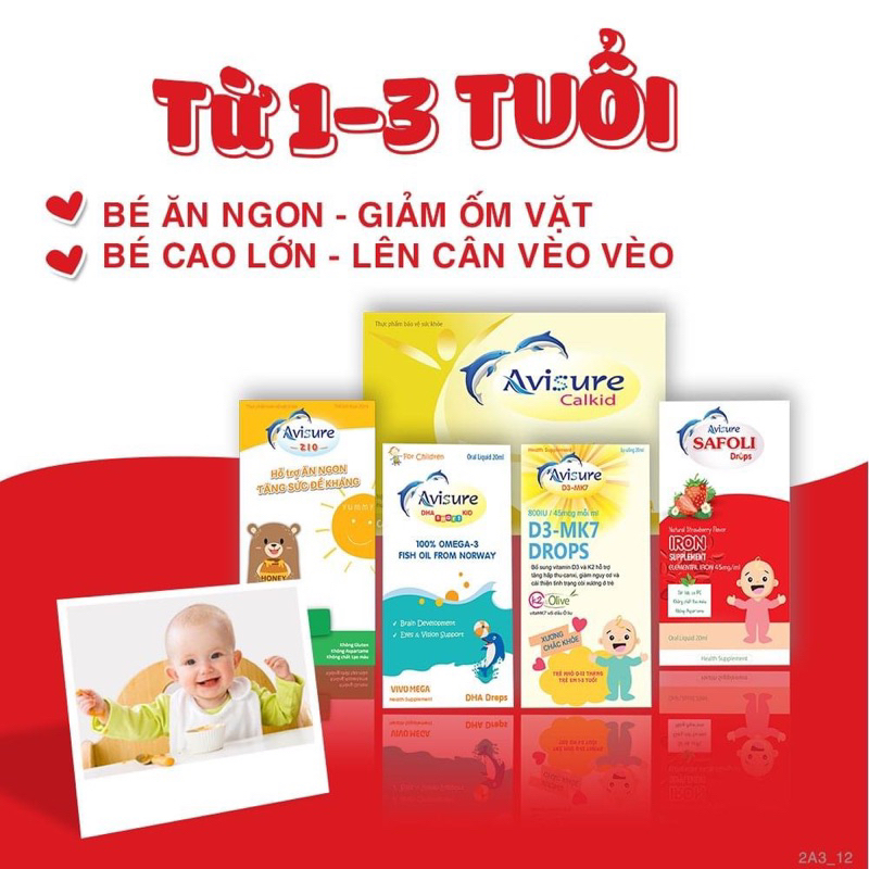 Bộ sản phẩm Avisure bổ sung vi chất toàn diện cho bé D3 MK7 drops DHA smart kid Safoli drops Avisure muno Calkid Kẽm zio