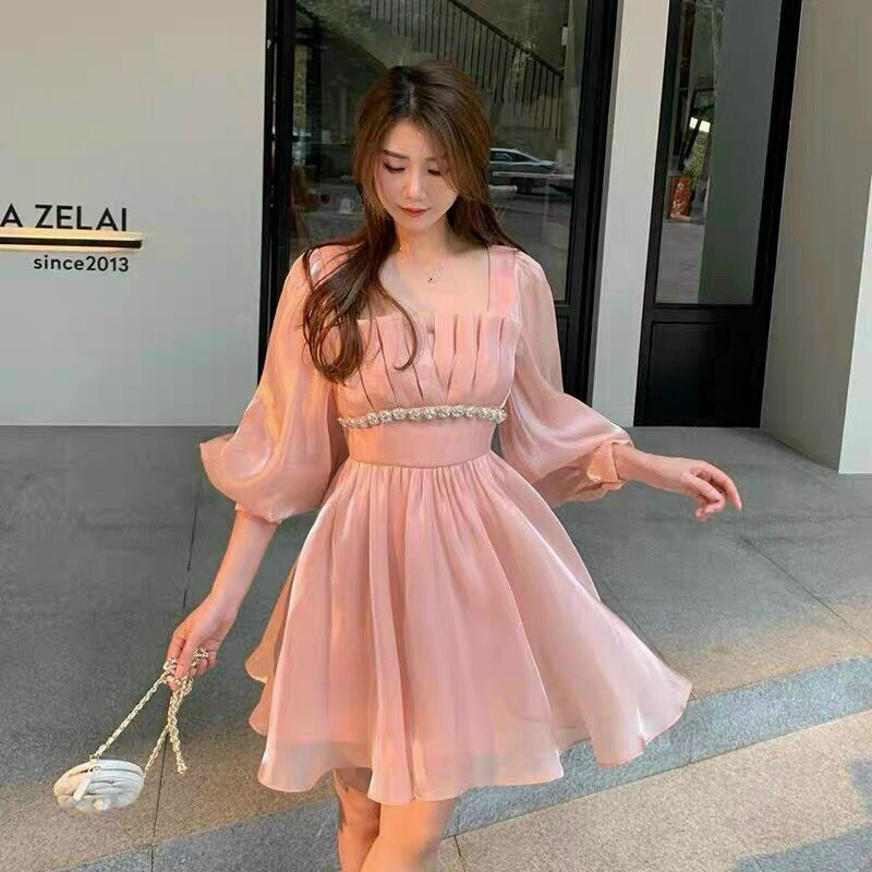 ĐẦM VOAN HỒNG CỔ VUÔNG XẾP LY TẦNG NGỰC VIỀN HẠT EO💞 ☘️☘️