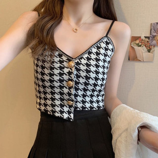 Áo hai dây elegant họa tiết sọc caro sexy cho nữ, áo 2 dây croptop dệt kim el2307