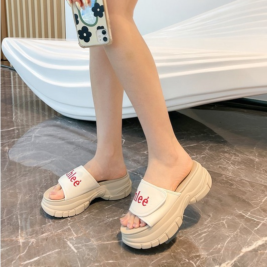 Dép đế xuồng nữ quai ngang đế cao nhẹ quai da cao cấp chữ thêu UOO thời trang phong cách trẻ