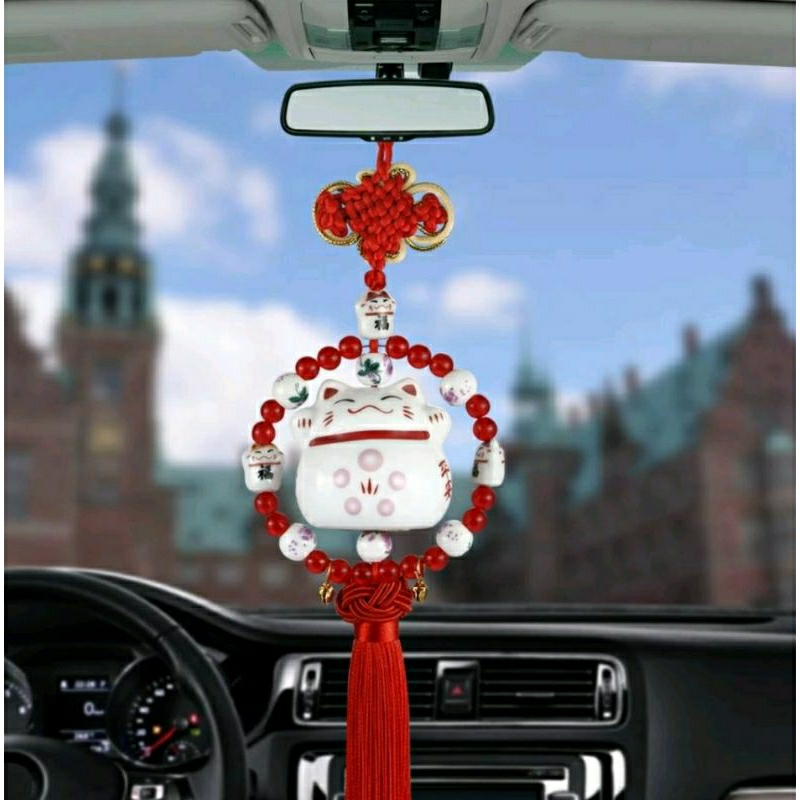 Khánh Mèo thần tài treo gương chiếu hậu xe ô tô may mắn