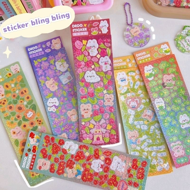 Set 2 tấm hình dán sticker chủ đề gấu thỏ mèo và hoa siêu bling lấp lánh
