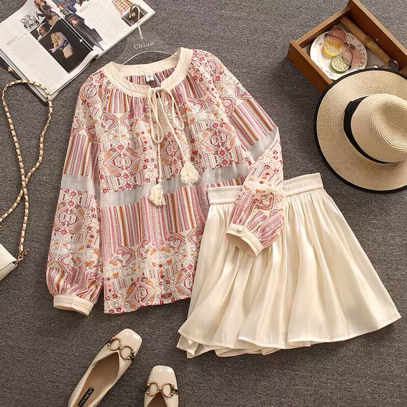 Áo và chân váy kiểu hàn nhật boho vintage thổ cẩm