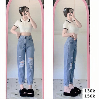 Set baggy jeans xanh rách + croptop petter phối viền HOT