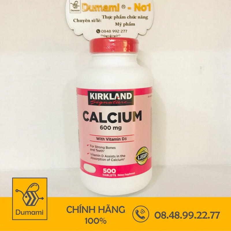 Viên uống bổ sung Canxi Kirkland Calcium 600mg Vitamin D3 lọ 500 viên của Mỹ ( Hủ Màu Hồng )