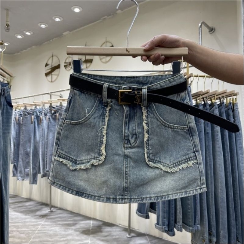 Chân váy jean túi nhọn tua viền, Chân váy ngắn chữ A có lót trong siêu xinh | BigBuy360 - bigbuy360.vn