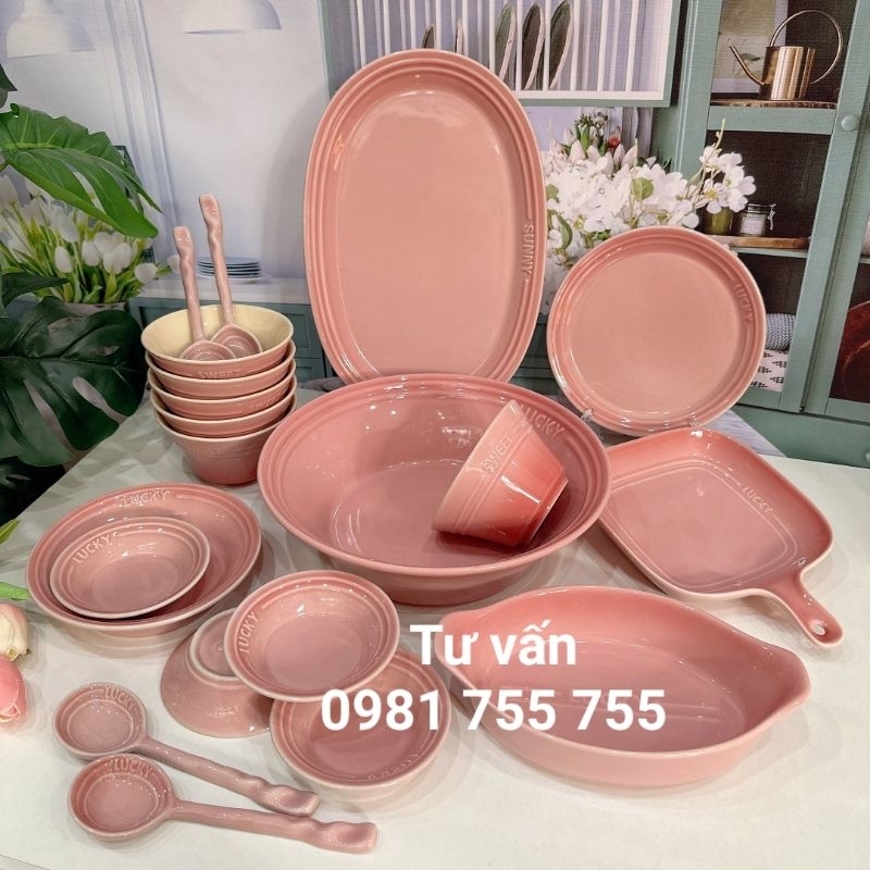 Sét Bát Đĩa Sứ 20 chi tiết,Bộ đồ ăn Hồng Lucky Gốm Sứ Cao Cấp