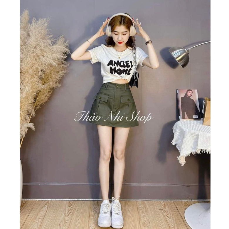 Set bộ áo thun thêu chữ mix váy chữ A có túi phong cách trẻ trung , năng động mặc đi chơi